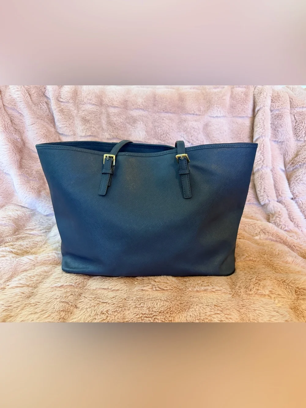 Michael Kors Dark Blue Saffiano Leather Tote with Gold Hardware